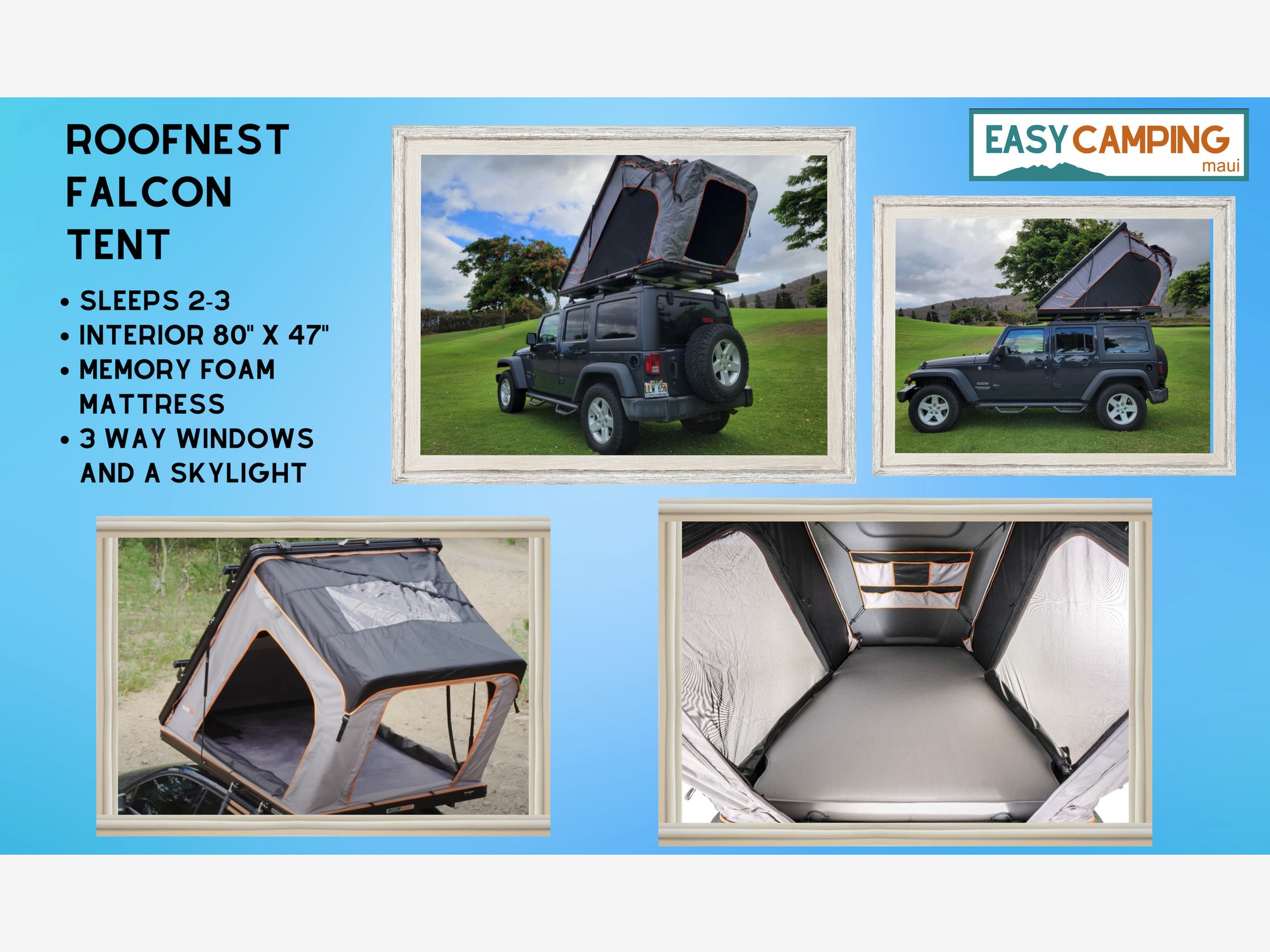 Grey Roofnest Falcon rooftop tent on a Jeep, shown open with a cozy interior. Ideal for an RV rental adventure.. Jeep Wrangler 2025