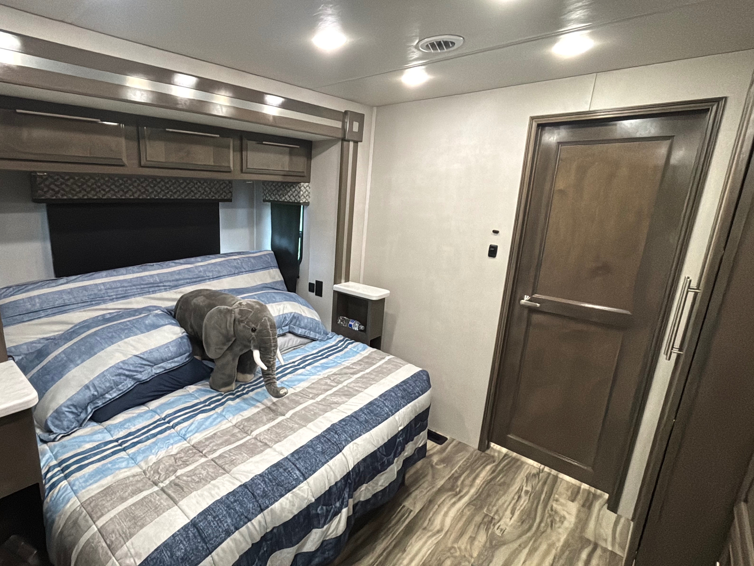 RV rental bedroom with striped bedding, a plush elephant, overhead cabinets, and a bedside table.. Georgetown GT7 2022