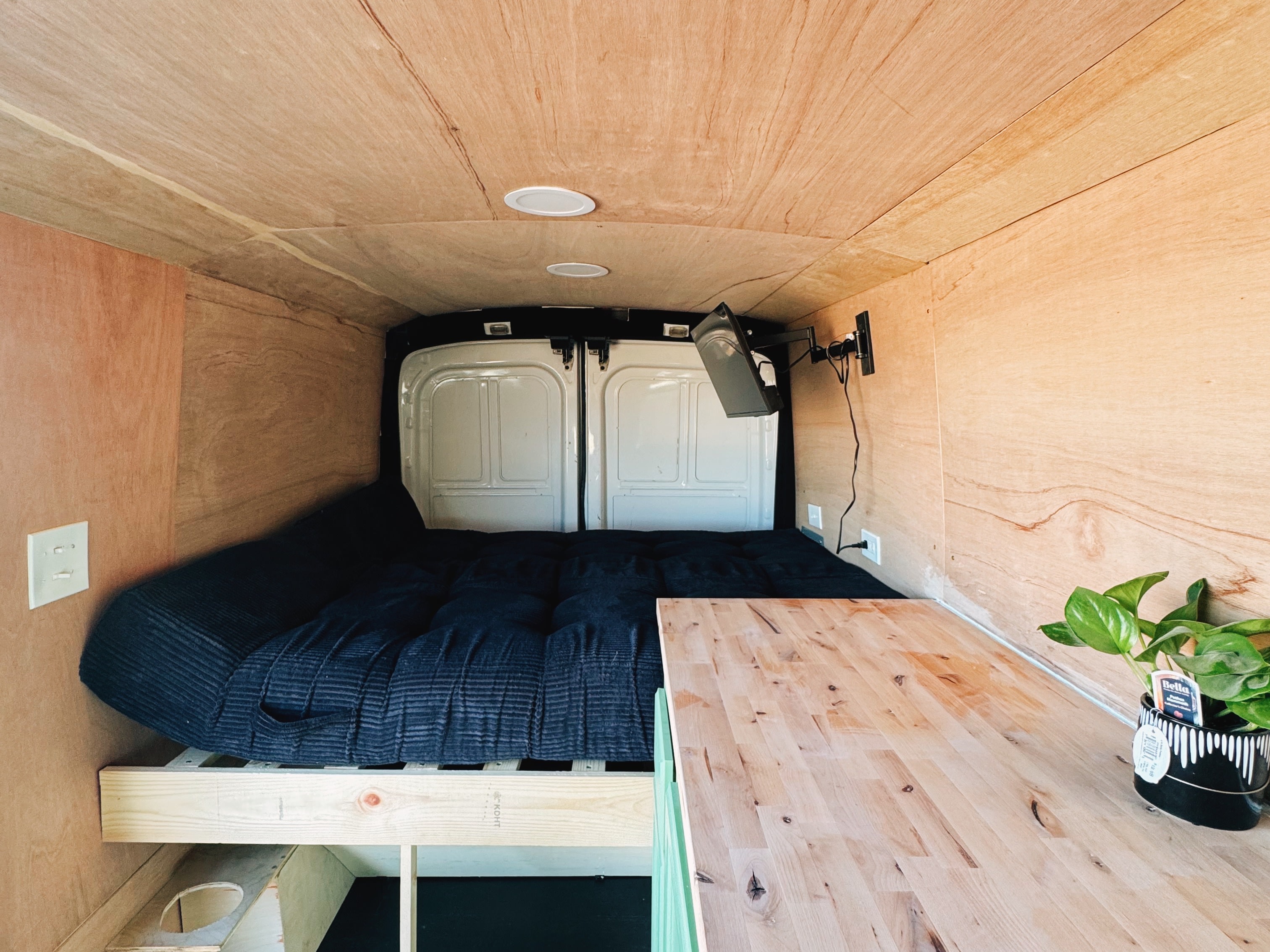 Cozy camper van interior with a bed, wooden panels, TV, and plant. Ready for your next RV rental road trip adventure!. Ford Transit 2016