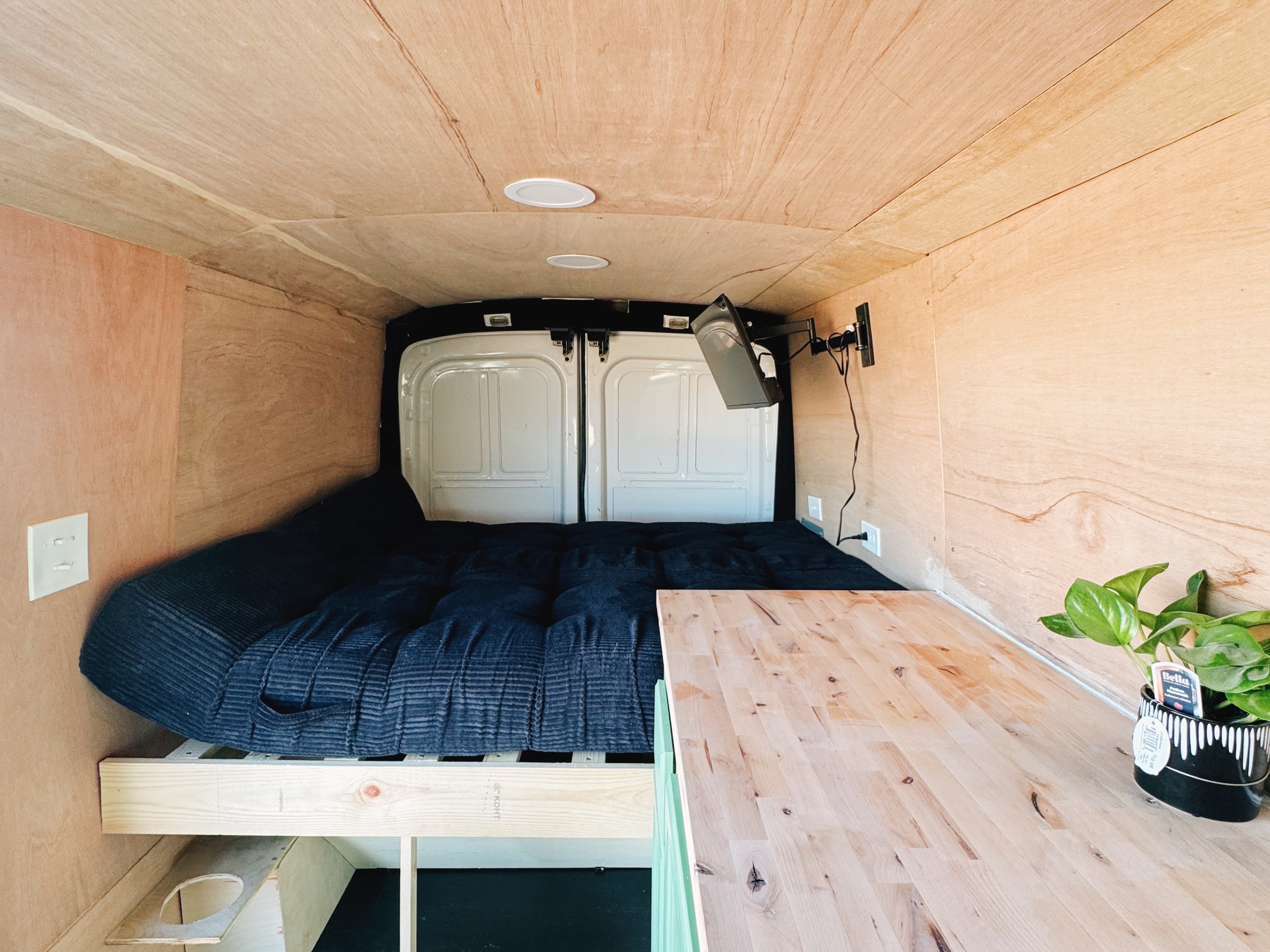 RV rental interior: wood-paneled camper van with a bed, small plant, counter, and wall-mounted TV.. Ford Transit 2016