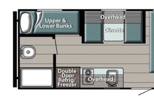 Visual RV rental floor plan: queen bed, bunks, dinette, kitchen, bathroom, fridge, and closet