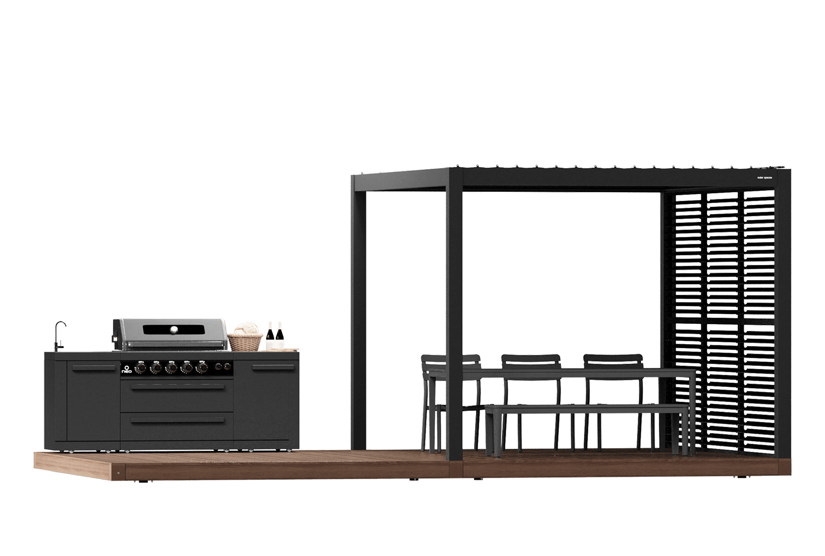 OS2 Oasis with deck and half pergola, 12 by 20 feet