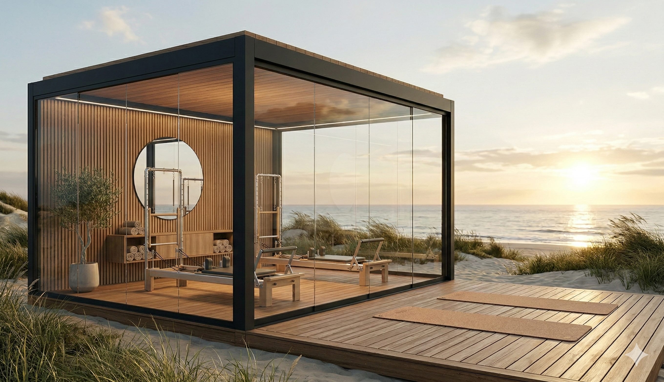 Seaside pavilion with floor-to-ceiling glass and ocean views at sunset