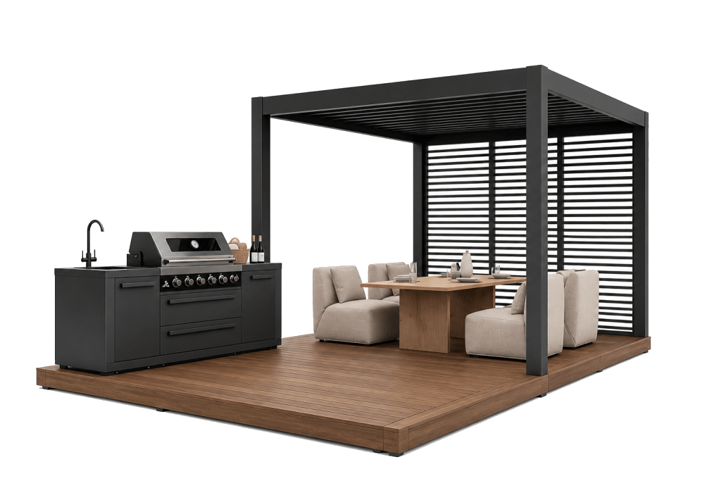 Outdoor kitchen and dining setup under an Outer Spaces pergola