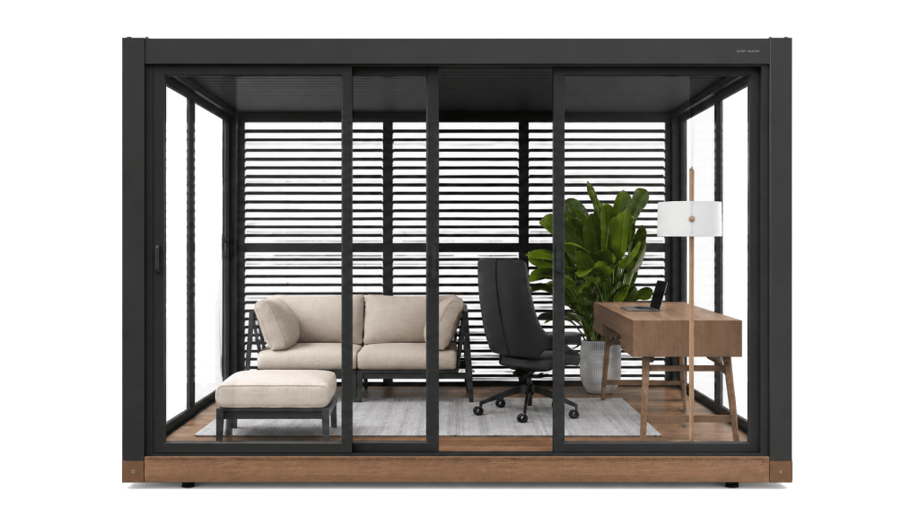 Remote office and lounge staged in an Outer Spaces glass pavilion