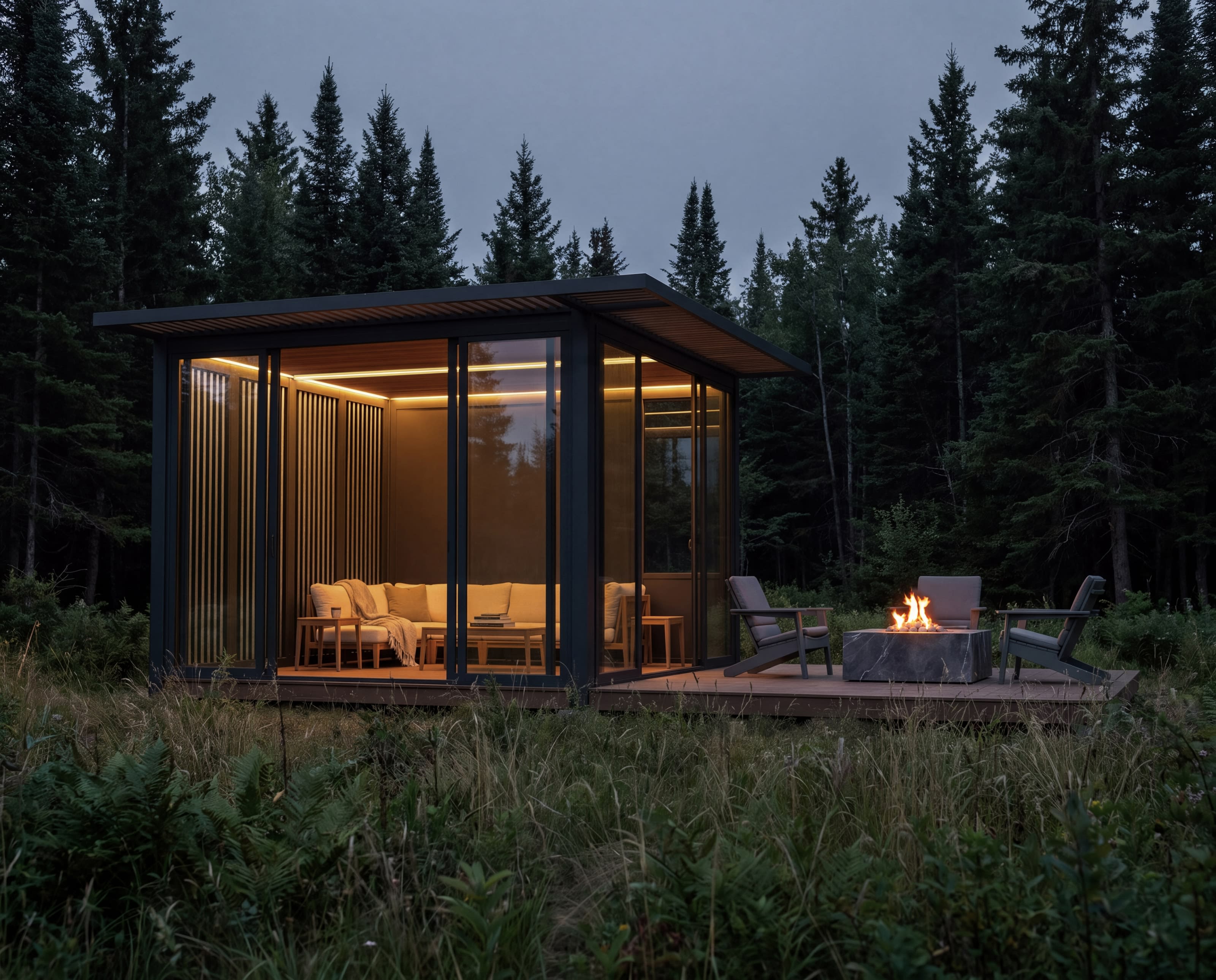 An illuminated OS1 lounge with sofas and an outdoor fire pit in a forest setting