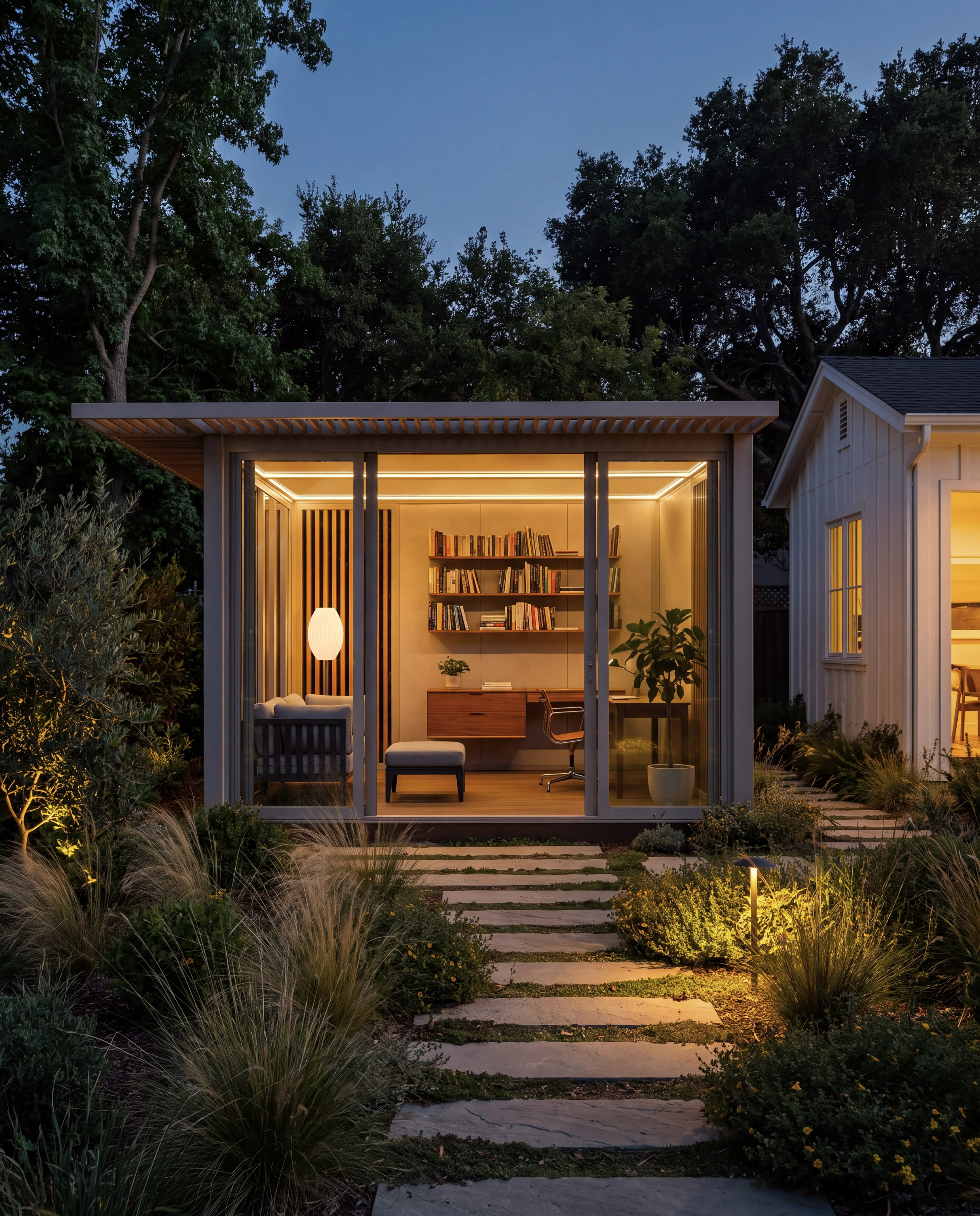 An illuminated OS1 garden office with a desk, bookshelves, and a lounge chair at dusk