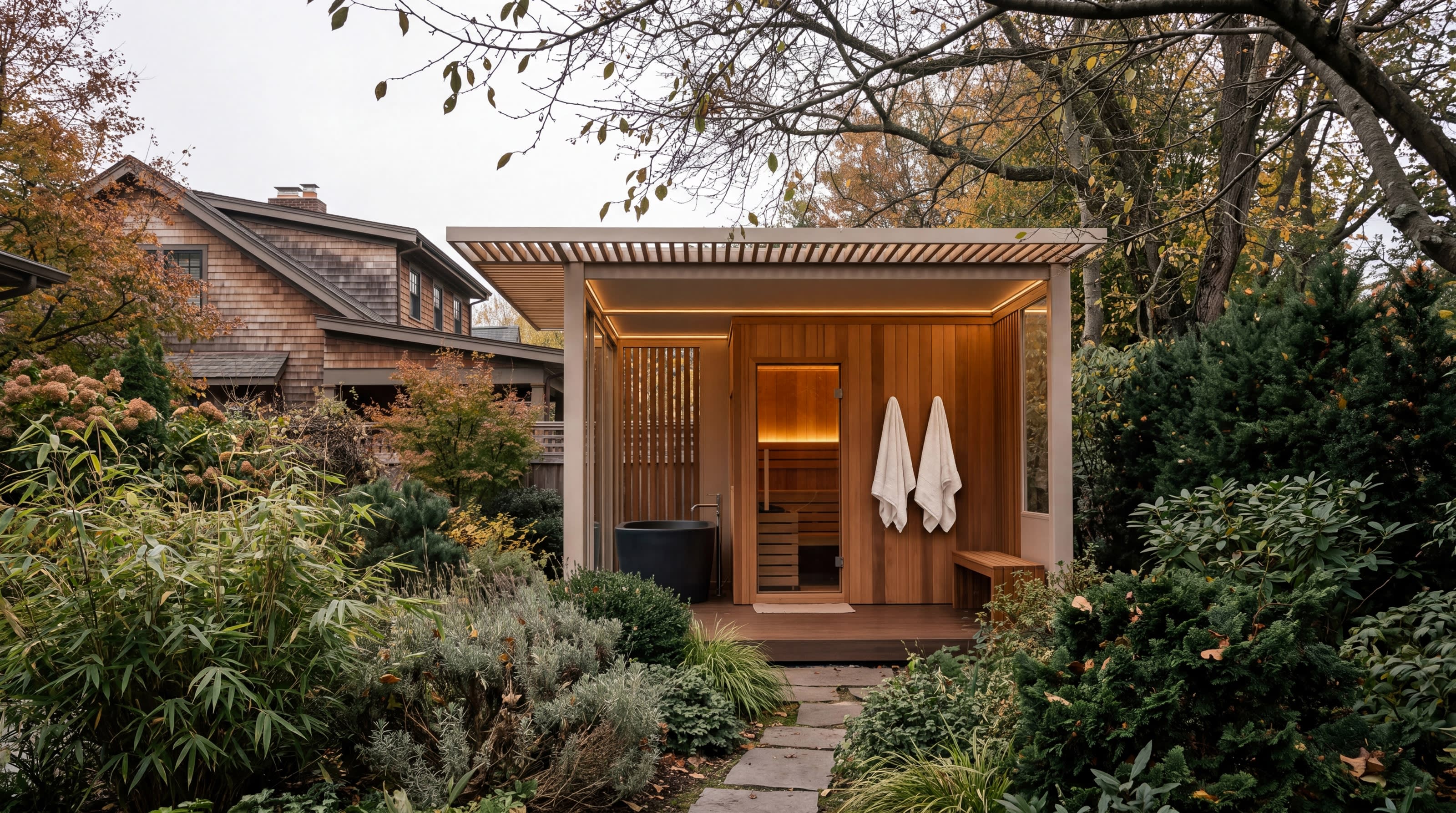 An OS1 pavilion with a timber sauna and cold plunge in a landscaped garden