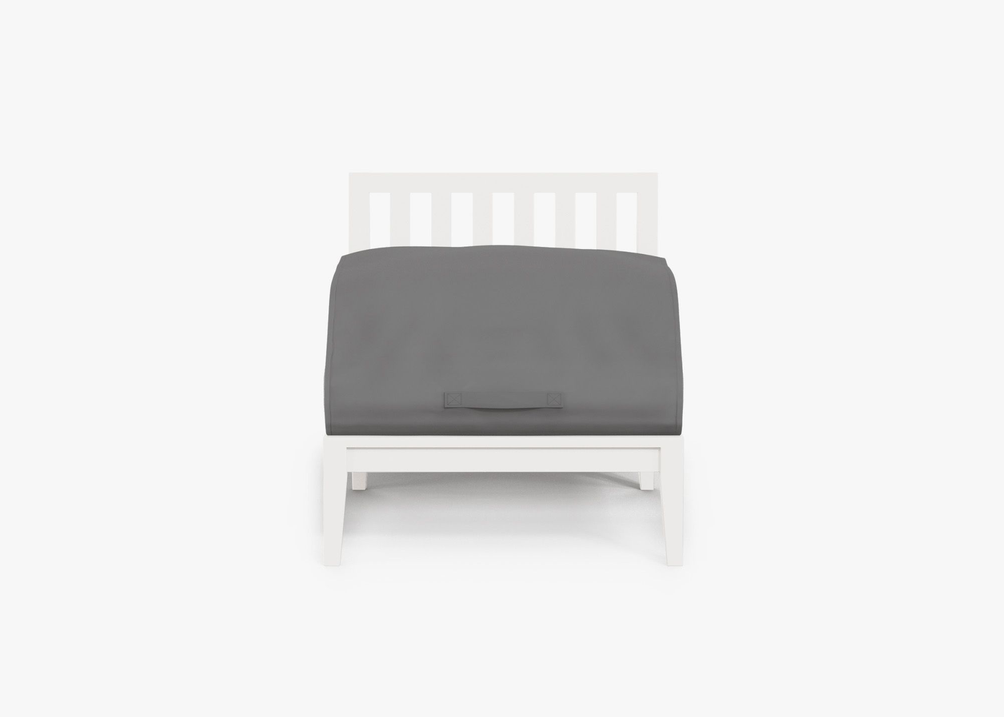 White Aluminum Outdoor Armless Chair shown with the OuterShell outdoor cushion cover, offering exclusive integrated protection.