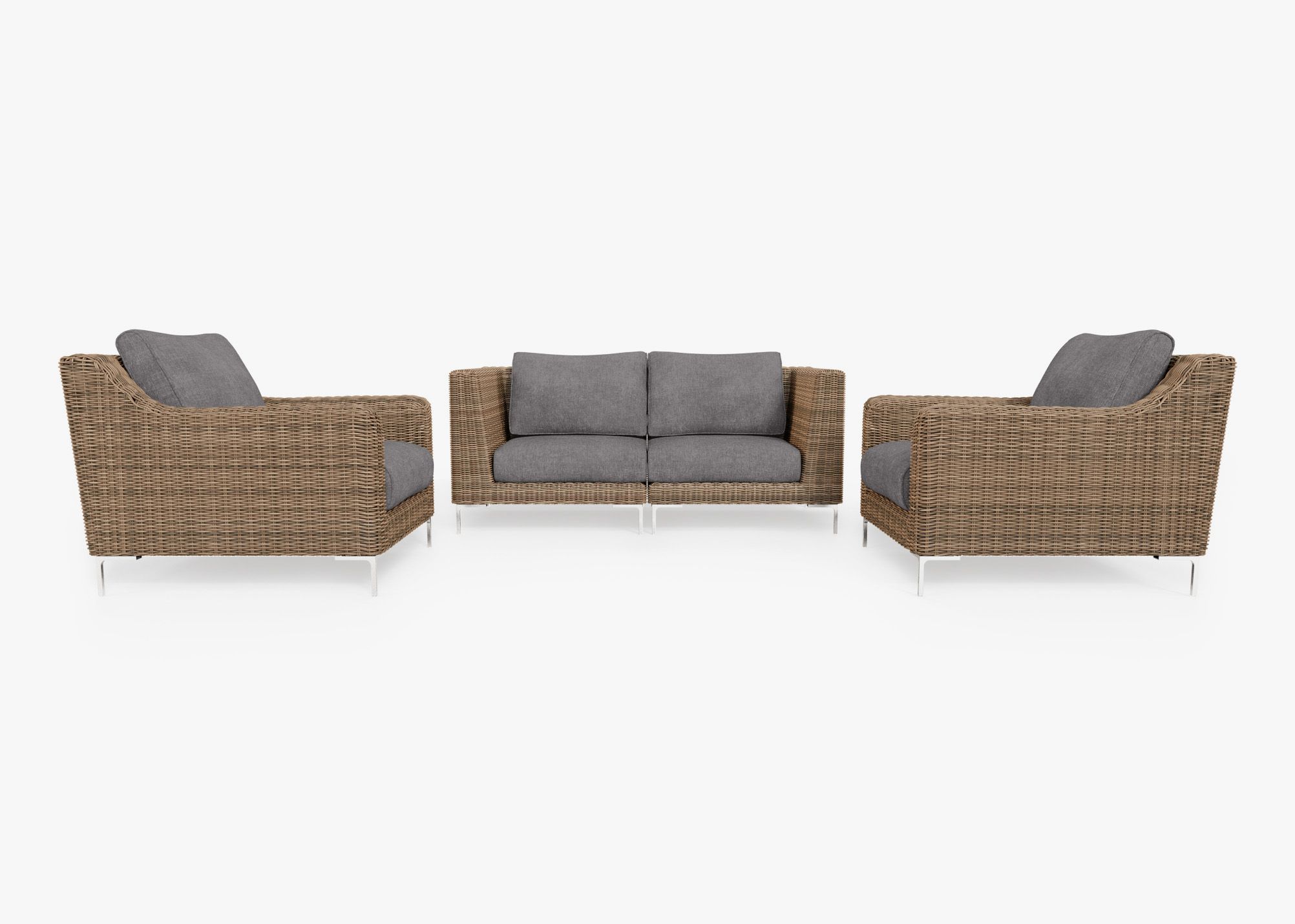 Brown Wicker Outdoor Loveseat with Armchairs - 4 Seat, front. Comfortable, durable, and weather resistant outdoor seating with memory foam.