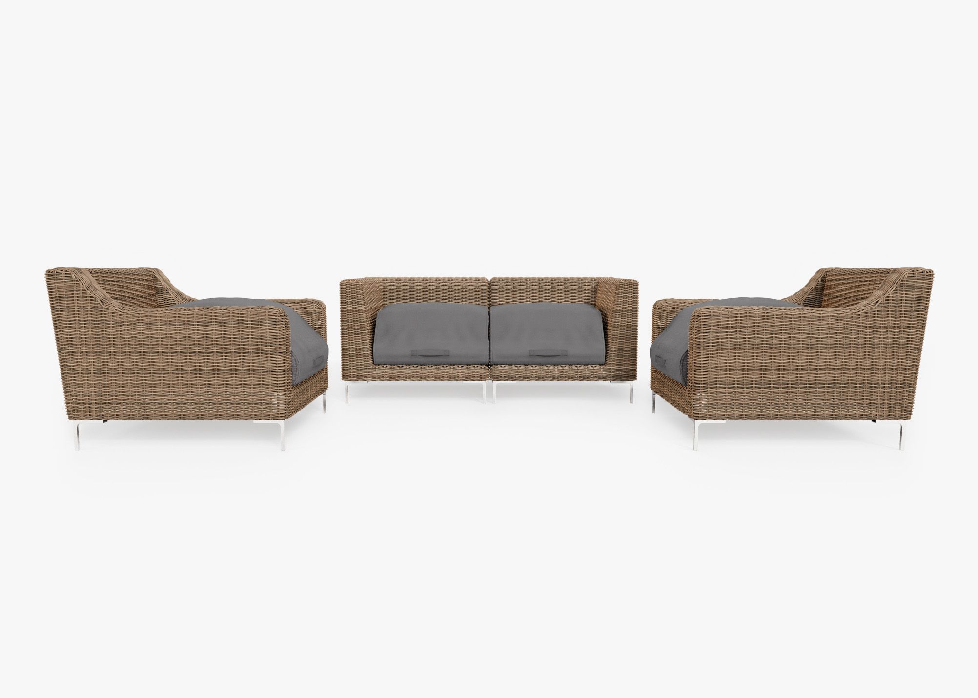 Brown Wicker Outdoor Loveseat with Armchairs - 4 Seat shown with the OuterShell outdoor cushion cover, offering exclusive integrated protection.
