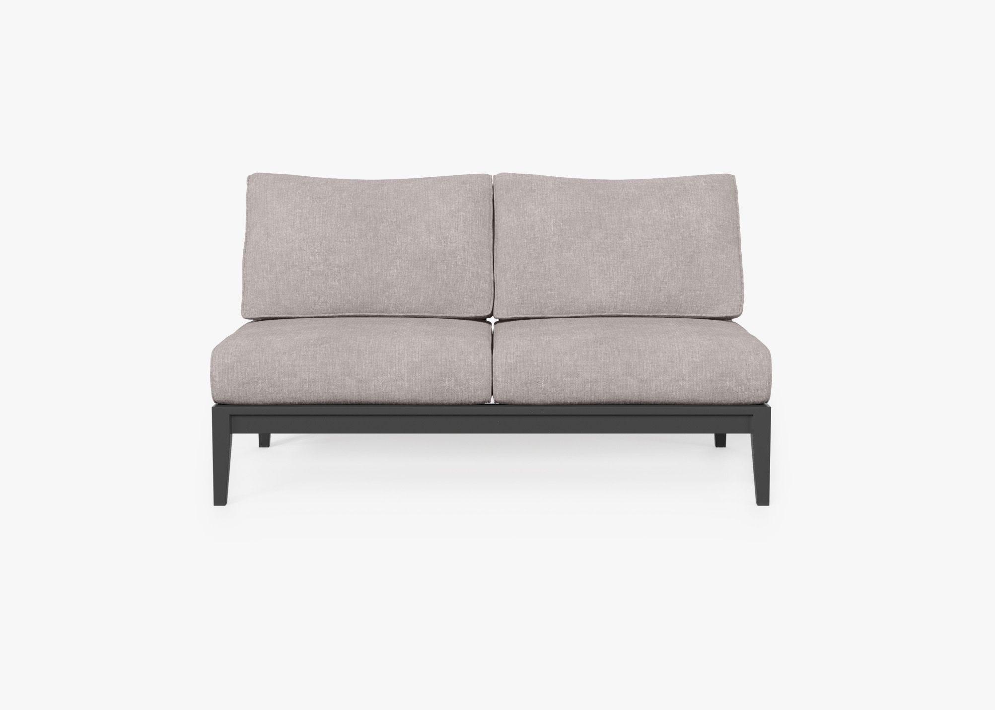 Charcoal Aluminum Outdoor Armless Loveseat, front. Comfortable, durable, and weather resistant outdoor seating with memory foam.