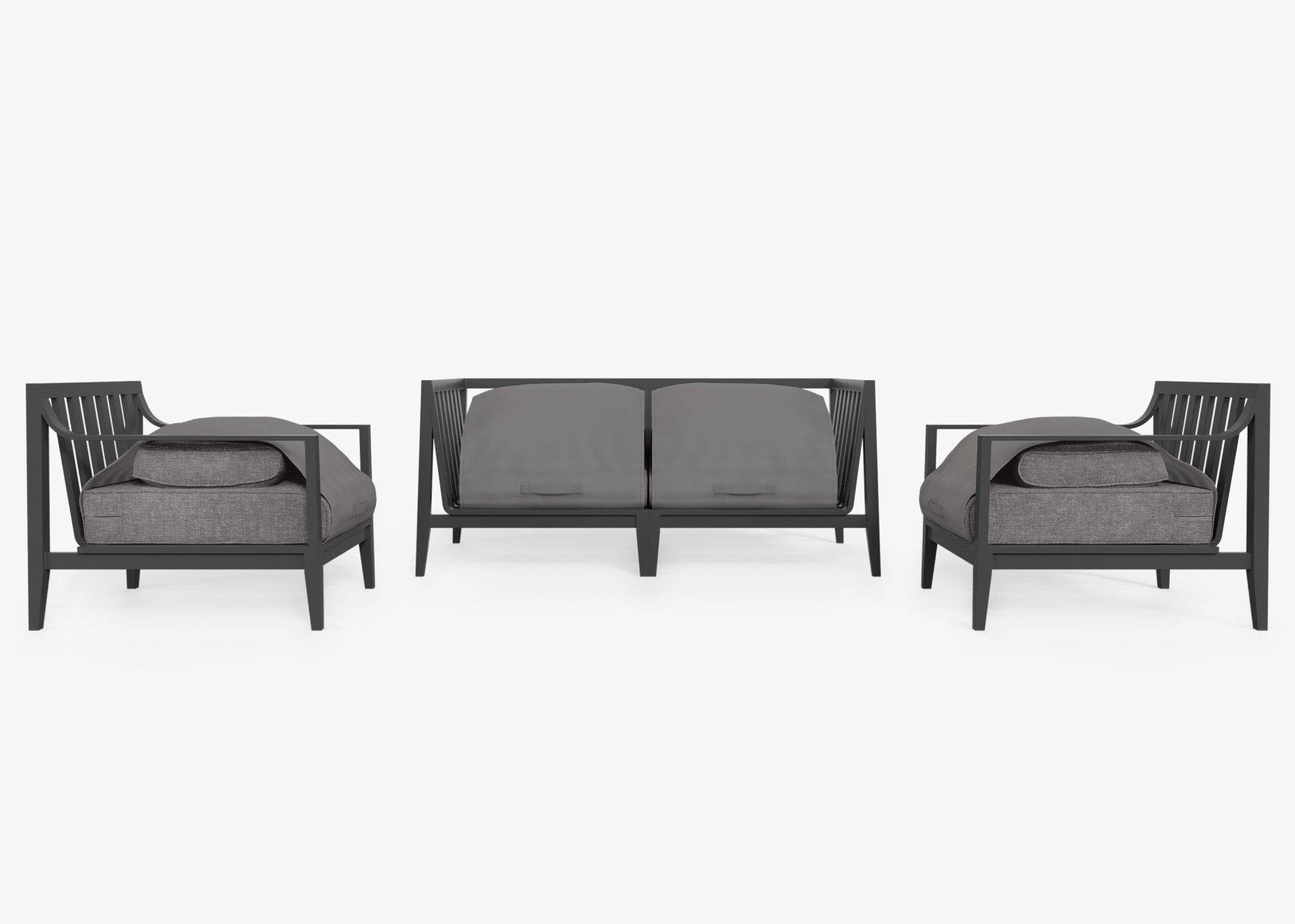 Charcoal Aluminum Outdoor Loveseat with Armchairs - 4 Seat shown with the OuterShell outdoor cushion cover, offering exclusive integrated protection.