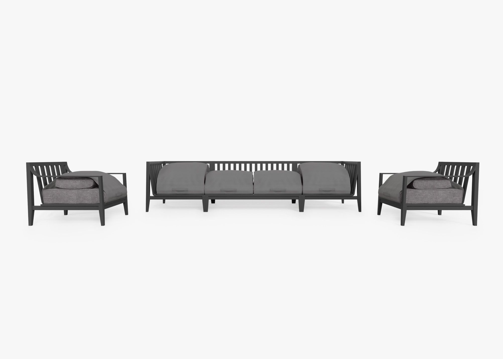 Charcoal Aluminum Outdoor Sofa with Armchairs - 6 Seat shown with the OuterShell outdoor cushion cover, offering exclusive integrated protection.