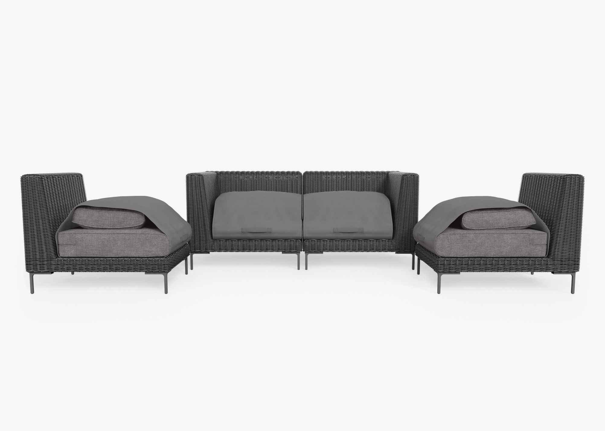Black Wicker Outdoor Loveseat with Armless Chairs - 4 Seat shown with the OuterShell outdoor cushion cover, offering exclusive integrated protection.