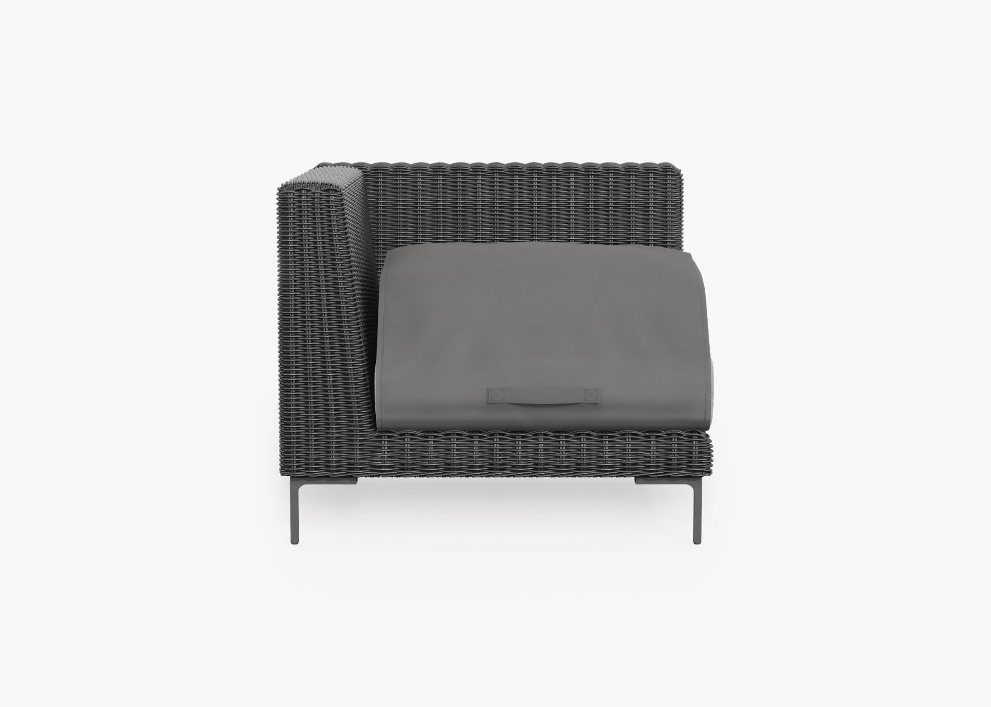 Black Wicker Outdoor Corner Chair - Left/Right shown with the OuterShell outdoor cushion cover, offering exclusive integrated protection.
