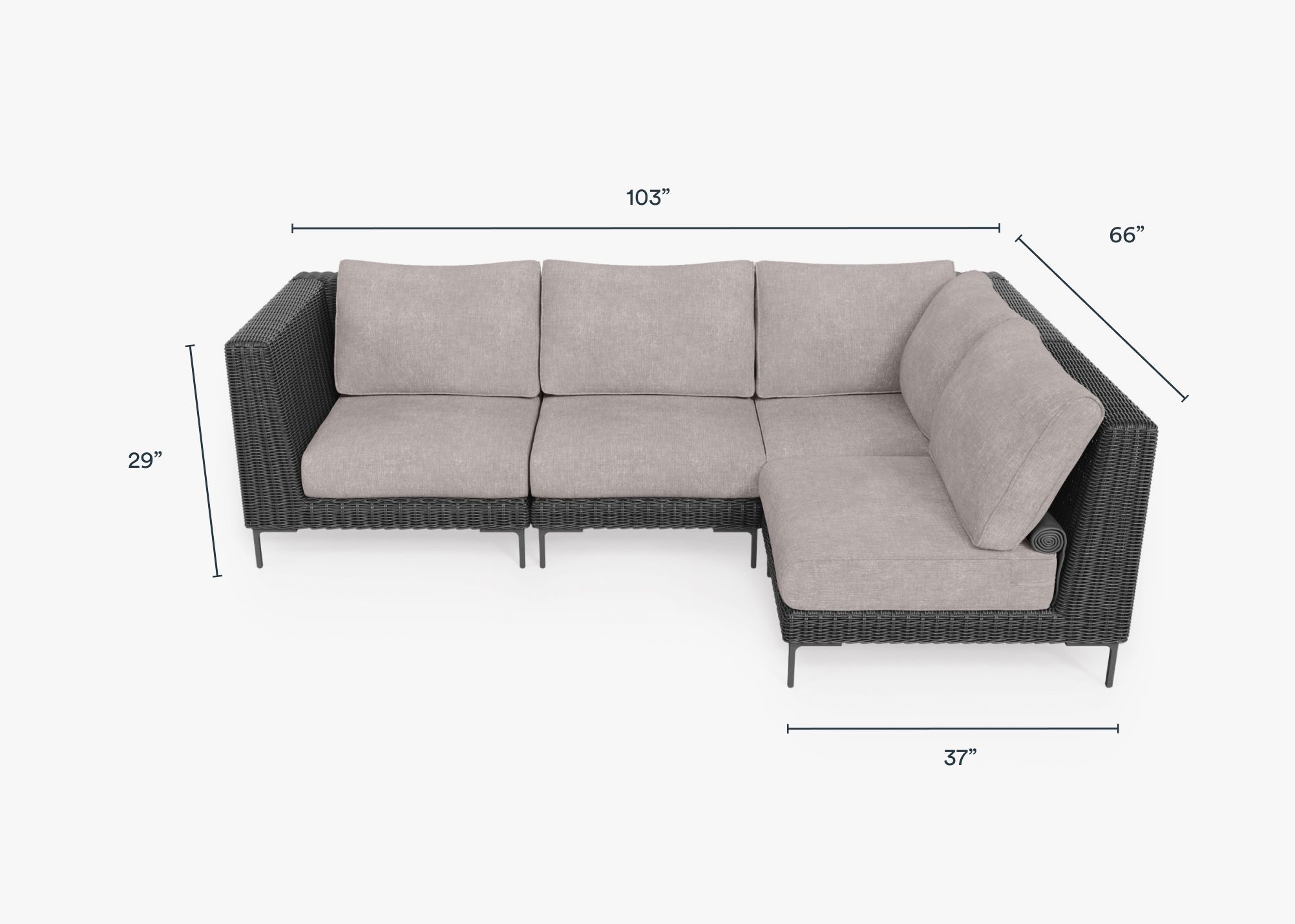 Black Wicker Outdoor L Sectional - 4 Seat dimensions in inches, also listed under Dimensions and Weights.