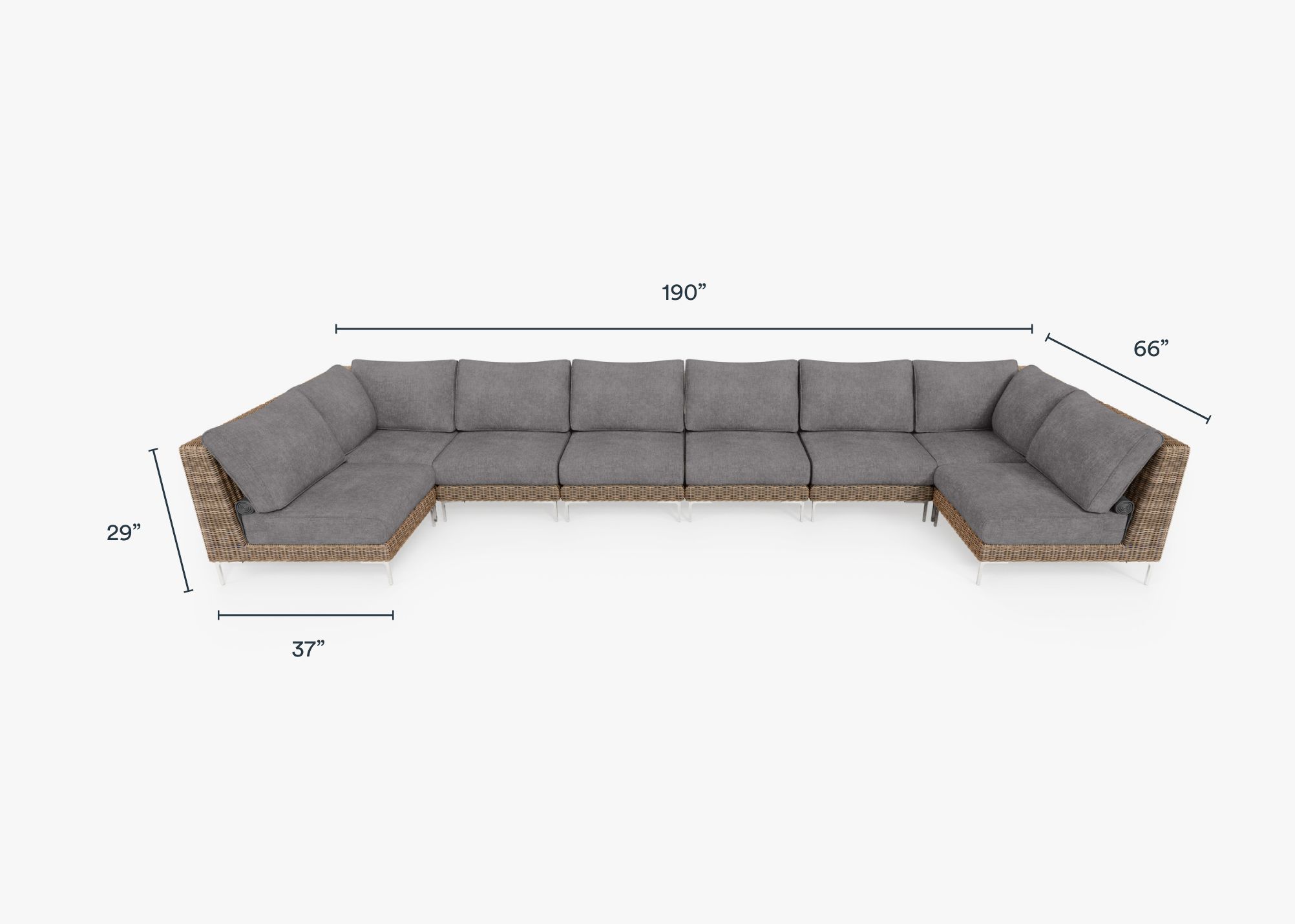 Brown Wicker Outdoor U Sectional - 8 Seat dimensions in inches, also listed under Dimensions and Weights.