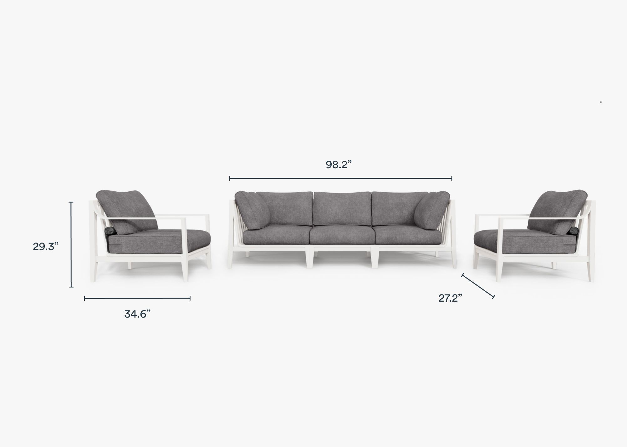 White Aluminum Outdoor Sofa with Armchairs - 5 Seat dimensions in inches, also listed under Dimensions and Weights.