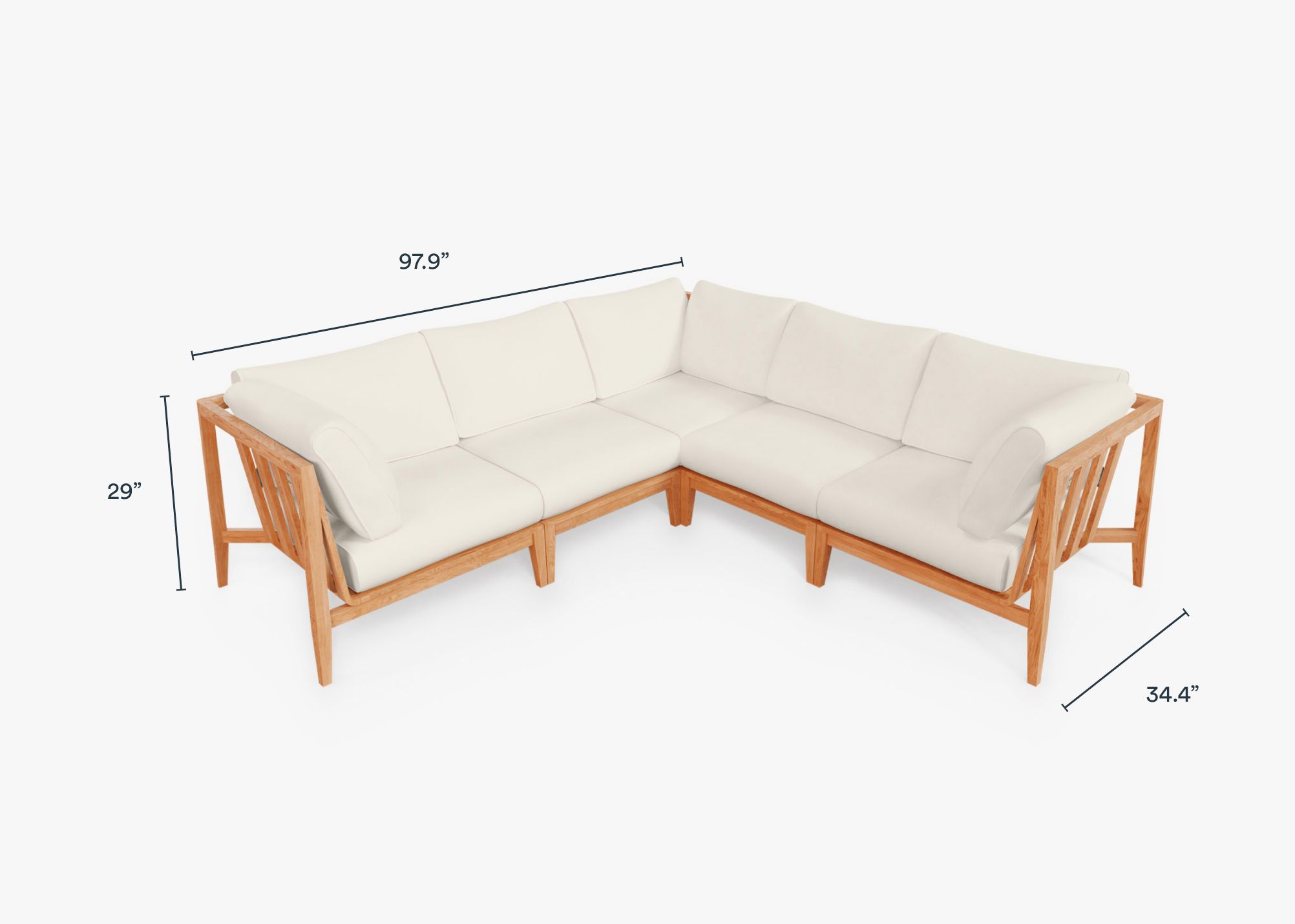 Teak Outdoor Corner Sectional - 5 Seat dimensions in inches, also listed under Dimensions and Weights.
