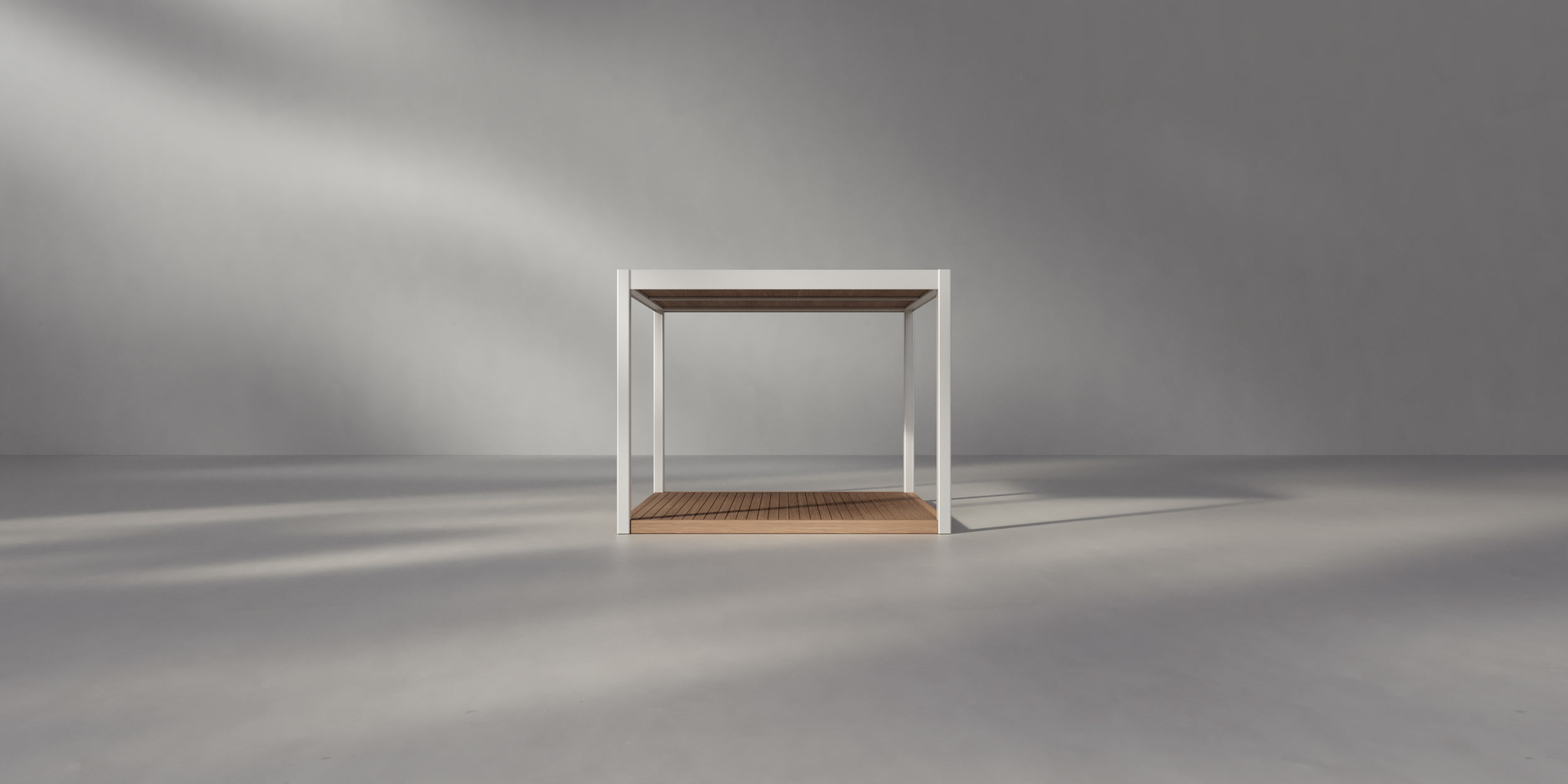 OS1 transforms between compact and extended pavilions, with white and charcoal finishes, a sauna, and a lounge.
