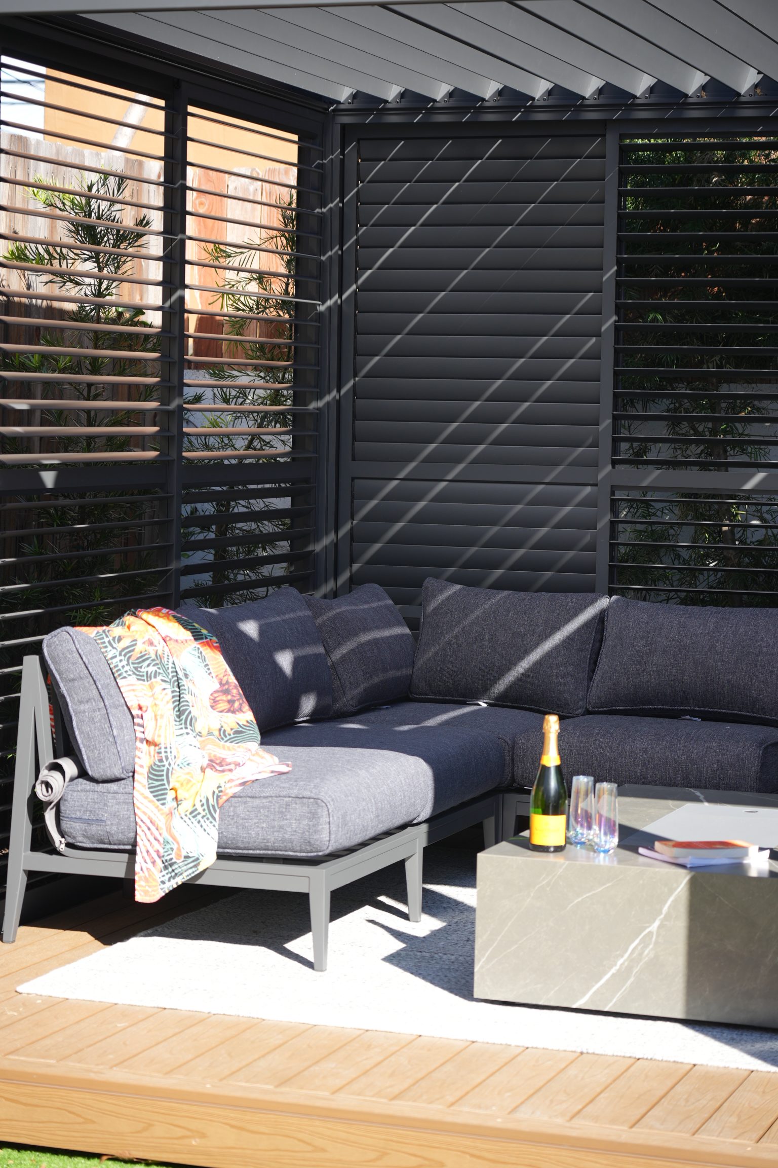 Detail view of premium composite decking and pergola finish