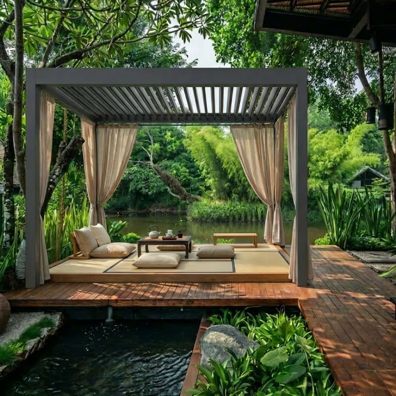 Curtained OS1 garden lounge framed by dense planting and warm daylight