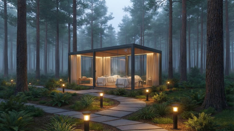 Moody forest OS2 spa pavilion with glowing interior light