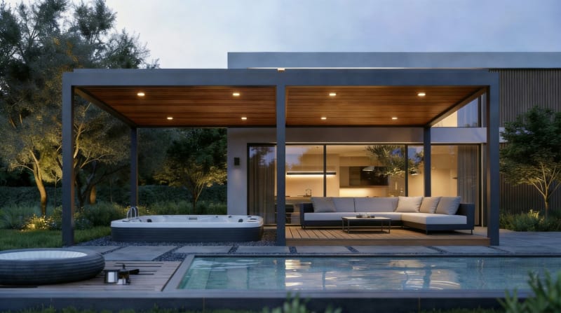 Open OS2 living pavilion with adjacent hot tub in a modern residential setting