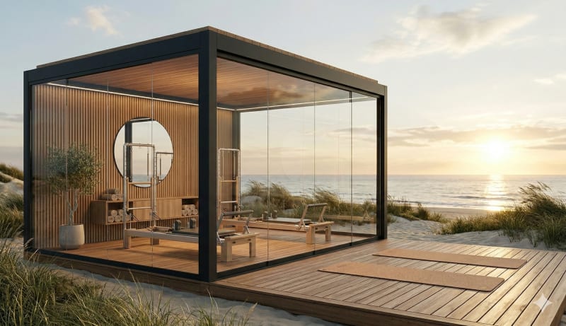 Seaside OS2 pavilion with floor-to-ceiling glass and ocean views at sunset
