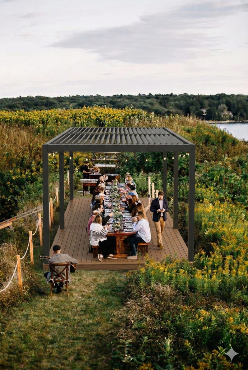 Communal dinner set beneath an OS2 pergola in an open field