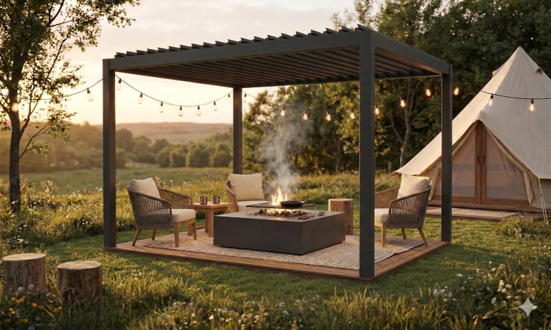OS1 pergola staged as a glamping lounge with fire pit at golden hour