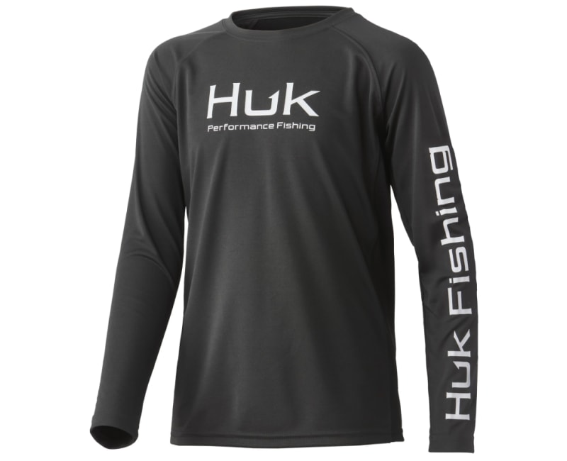 Huk Fishing Vented Pursuit Logo Graphic Long Sleeve Shirt for Men in Grey