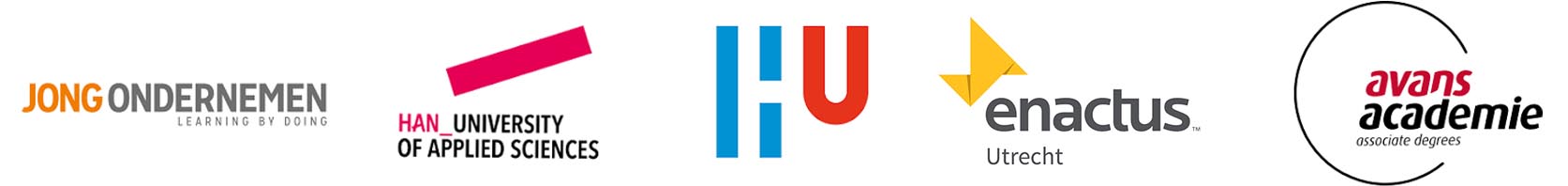 Logo's van Jong Ondernemen, Avans, Hogeschool Utrecht, Enactus en Hogeschool Arnhem en Nijmegen