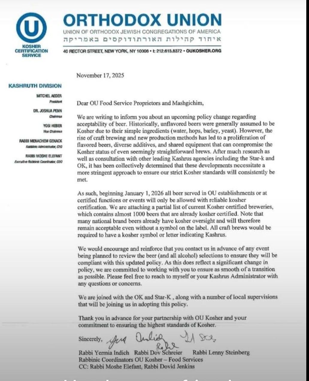 OU Kosher letter about kosher beer