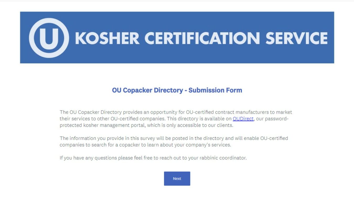 OU Kosher Copacker Submission Form