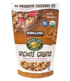 OU kosher-certified Kirkland Signature Nature's Path Ancient Grains Probiotics Granola cereal is a mixture of grains, granola and probiotics, offering a matchless crunch, unrivaled texture and mood enhancement based on the gut-brain axis.