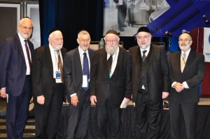 L to R: OU Executive Vice President Rabbi Moshe Hauer; RIETS Rosh Kollel and OU Posek Rav Hershel Schachter; Rabbi Genack; Star-K Rabbinic Administrator Rabbi Moshe Heinemann; Rabbi Elefant , Star-K President Dr. Avrohom Pollack.