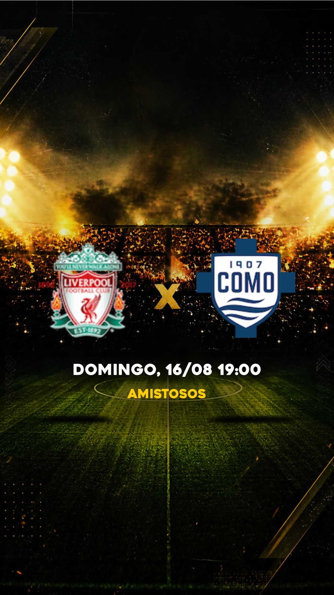 Flyer Liverpool x Como - Amistosos - Domingo, 16/08 19:00 - Descarga gratis fútbol