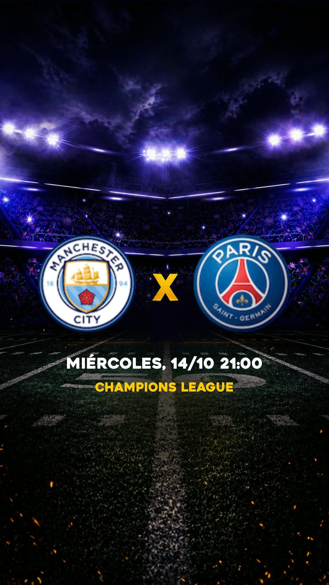 Flyer Manchester City x PSG - Champions League - Miércoles, 14/10 21:00 - Descarga gratis fútbol