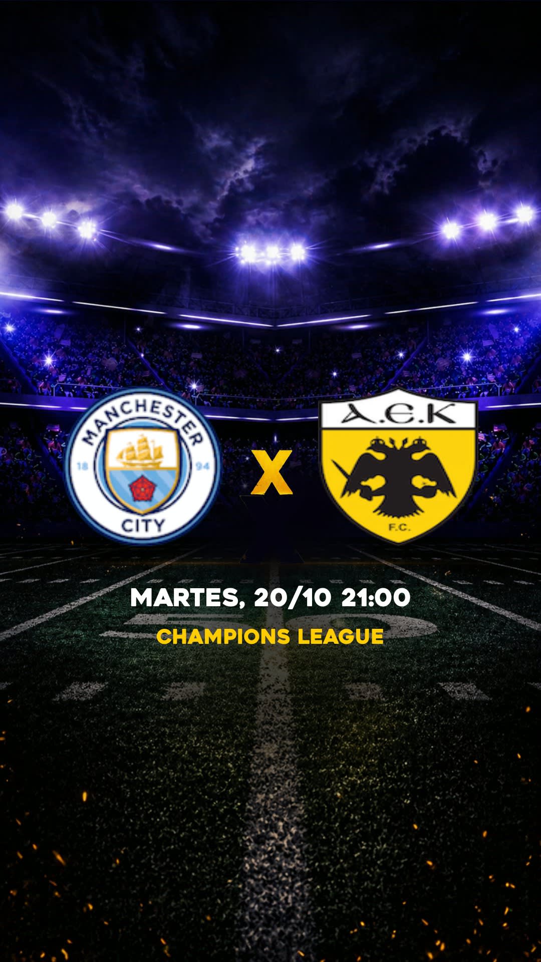Flyer Manchester City x AEK Athens - Champions League - Martes, 20/10 21:00 - Descarga gratis fútbol