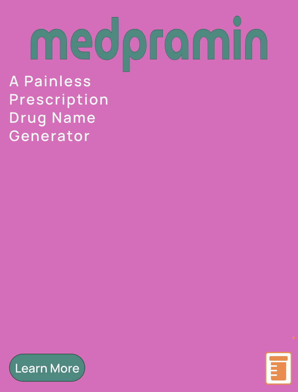 Pink background of a 'prescription drug name generator' website.