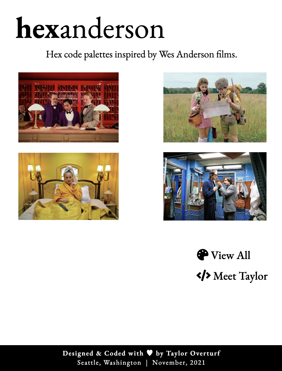 A screen shot of four still shots from Wes Anderson films.