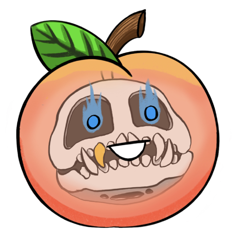 A transparent peach that shows an animalistic skull inside of it. The canines of the skull are elongated like a cat. One of the canines is gold. There is a cold blue flame burning in each eye socket.