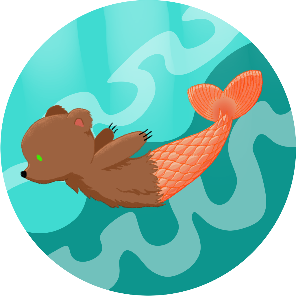 A merbear swimming under water. A merbear is half brown bear and half goldfish. He has green eyes.