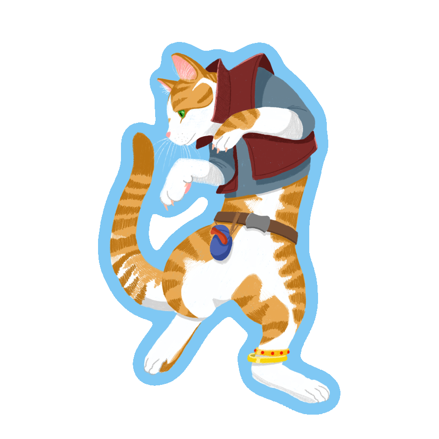An anthropomorphic cat standing on two legs looking like it is sneaking. The cat is white with orange tabby splotches and it has green eyes. It is wearing a grey shirt and a maroon leather vest. It has a brown belt with a blue bag hanging from it.