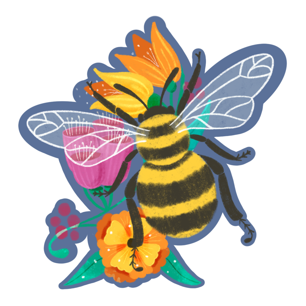 A folk art bee sitting on flowers in shades of yellow and pink. There is a thick, blue border around the image.
