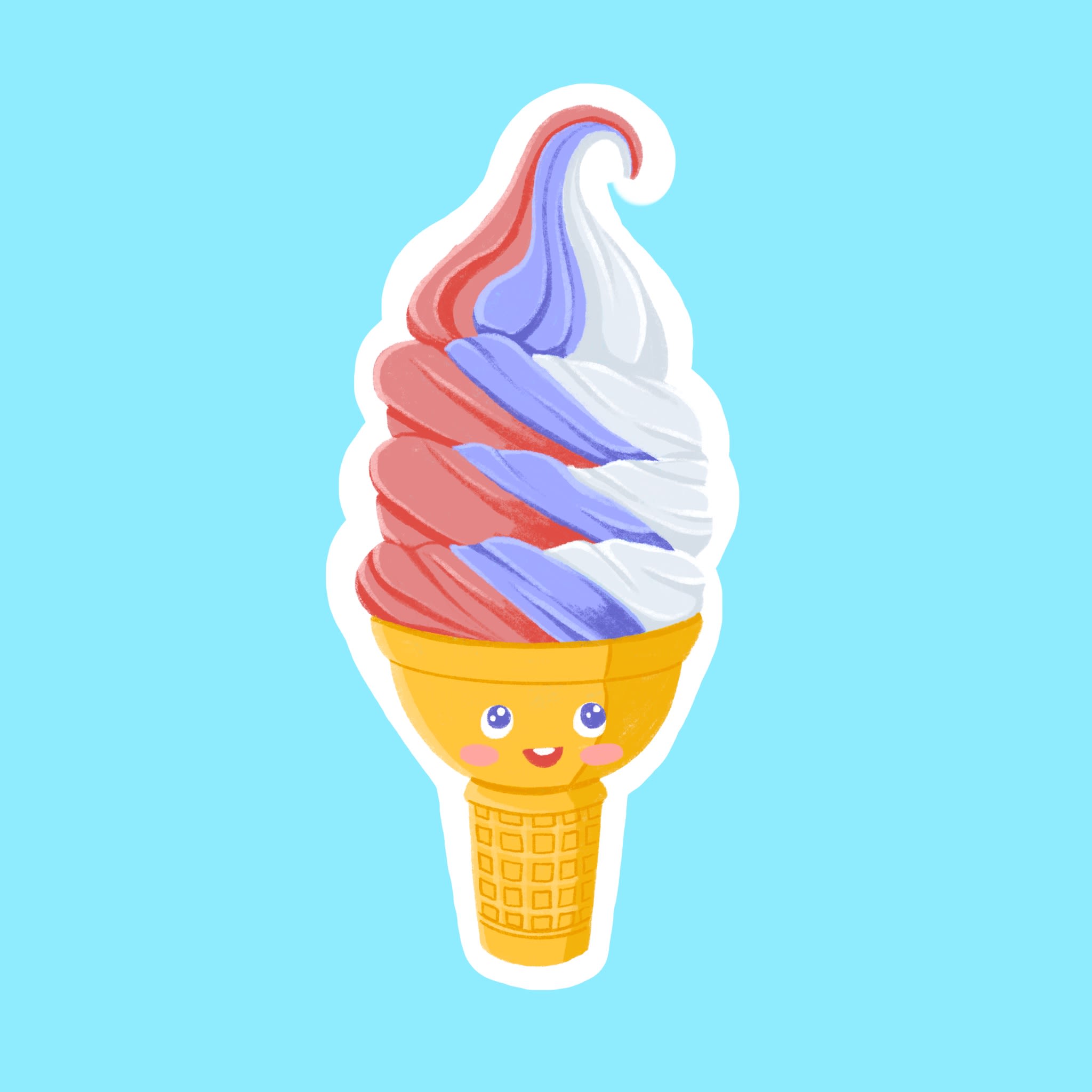 A soft serve ice cream cone sticker. There are three colours of ice cream swirled together; white, pink, and purple. The code has a little smiley face.