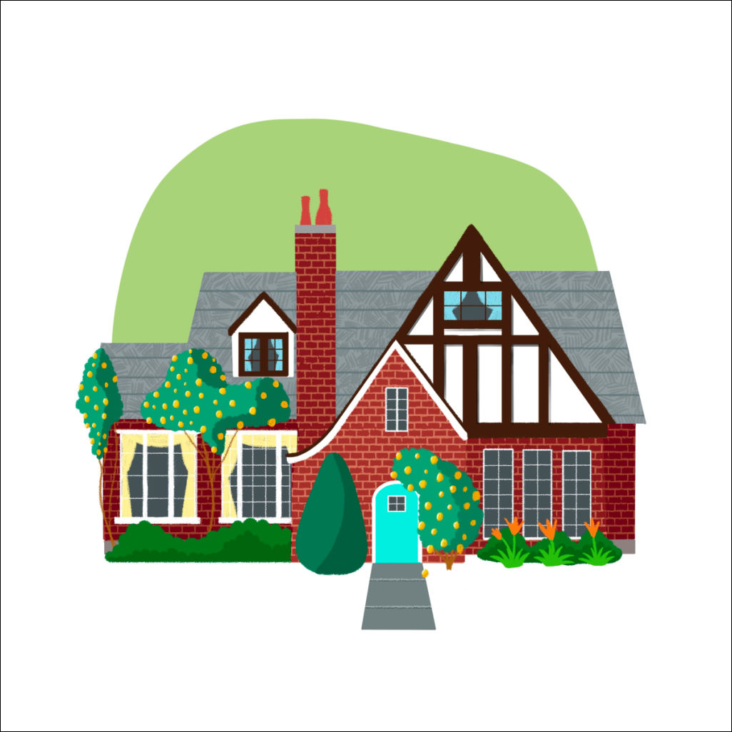 A red brick manor. It has a grey roof and a tall red brick chimney. There is a large section that is a wattle and daub triangle. There is a gabled dormer facing the viewer. Yellow roses climb on the manor. The front door is a bright turquoise.