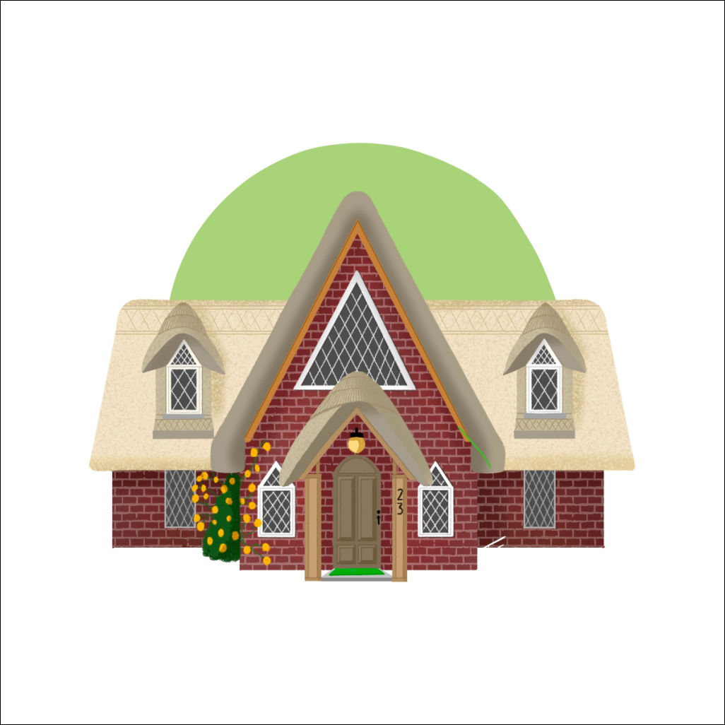 A red brick cottage with a central A-frame construction. The roof is thatched. A yellow rose bush creeps up the side of the building. There is no chimney.